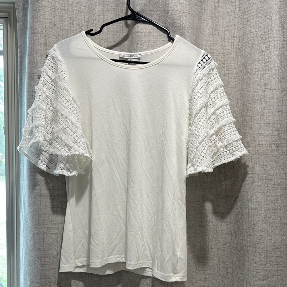 White Ruffled Short Sleeve Top S